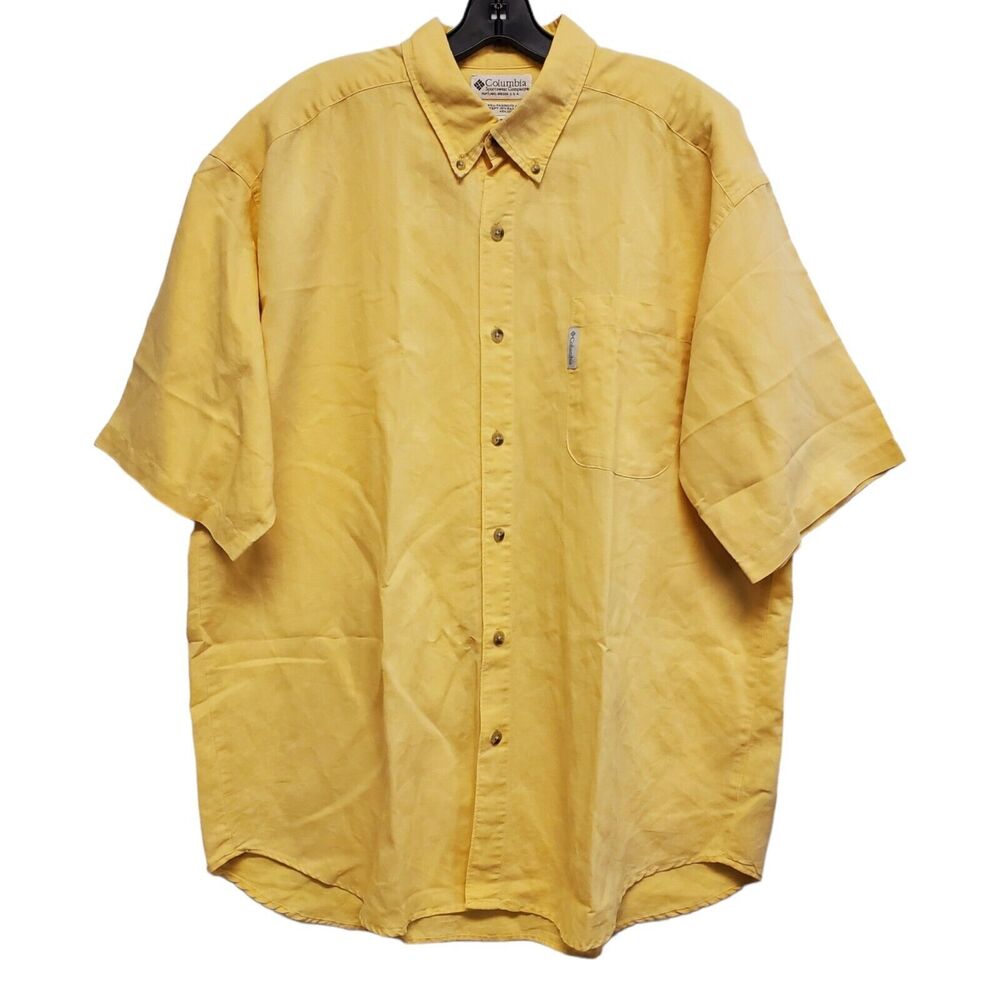 Vintage COLUMBIA Shirt Mens XL Yellow Casual Button Down Outdoor Travel Vacation